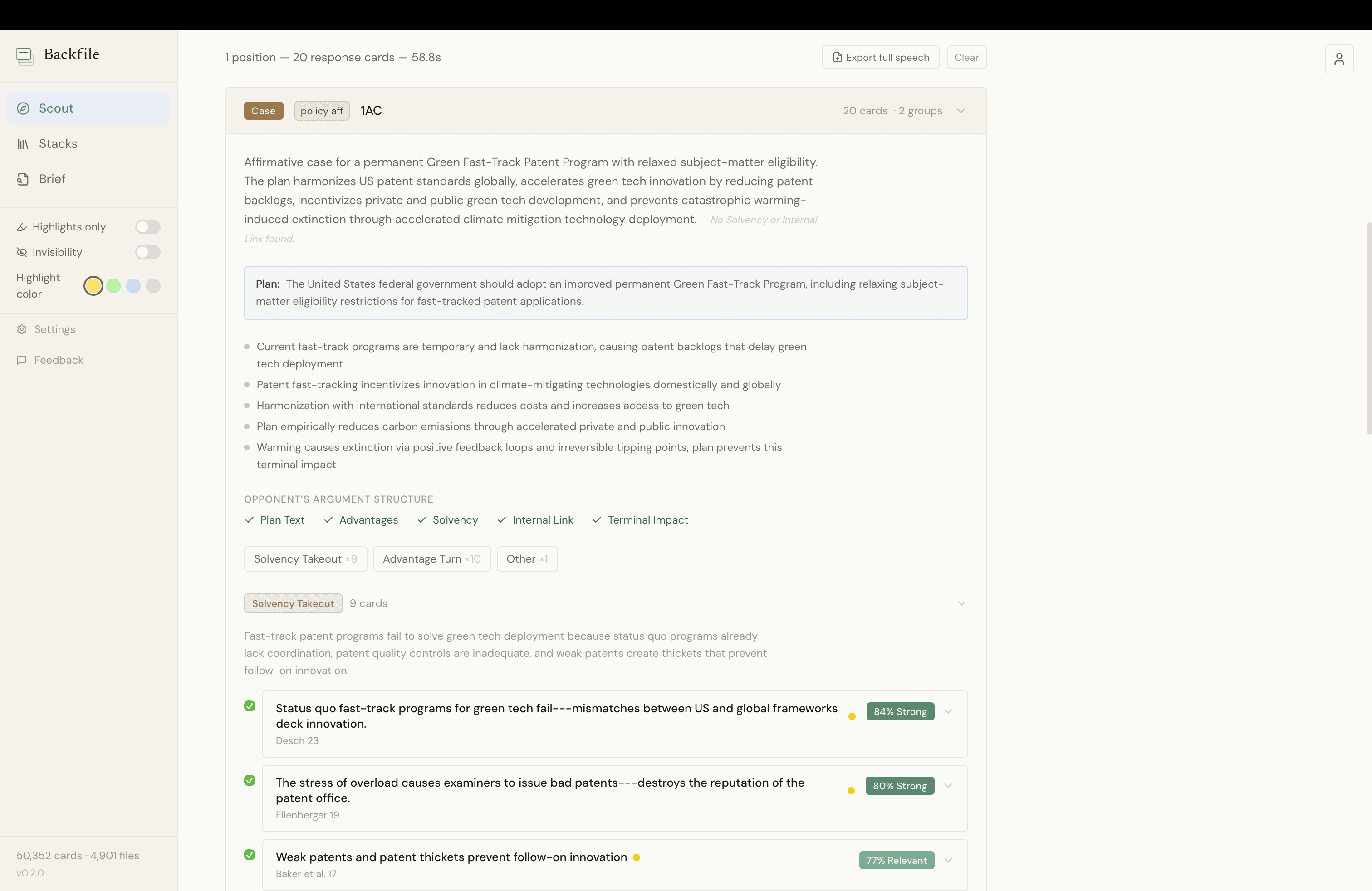 Scout results view with ranked response cards against an opponent 1AC